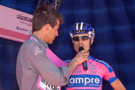 SERAVEZZA, LUCCA, ITALY - MAY 17: Damiano Cunego, Team Lampre, before the 12th stage of 2012 Giro d'Italia on May 17, 2012 in Seravezza, Lucca, Italyのeditorial素材