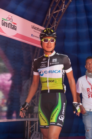 SERAVEZZA, LUCCA, ITALY - MAY 17: Fumiyuki Beppu, Team Orica Greenedge, before the 12th stage of 2012 Giro d'Italia on May 17, 2012 in Seravezza, Lucca, Italyのeditorial素材