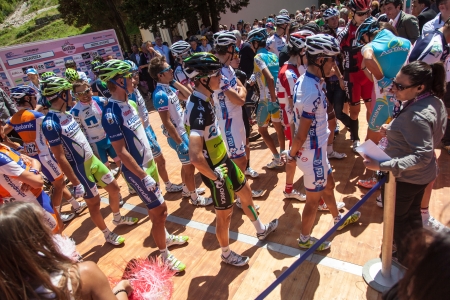 SERAVEZZA, LUCCA, ITALY - MAY 17: Some cyclists before the 12th stage of 2012 Giro d'Italia on May 17, 2012 in Seravezza, Lucca, Italyのeditorial素材