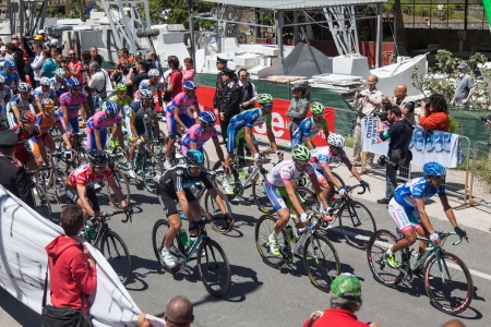 SERAVEZZA, LUCCA, ITALY - MAY 17: Group at beginning of the 12th stage of 2012 Giro d'Italia on May 17, 2012 in Seravezza, Lucca, Italyのeditorial素材