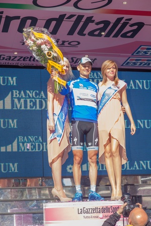 SESTRI LEVANTE, GENOVA, ITALY - MAY 17: Michal Golas, Team Omega Pharma Quickstep, Leader Blue Jersey Ranking after  the 12th stage of 2012 Giro d'Italia on May 17, 2012 in Sestri Levante, Genova, Italyのeditorial素材