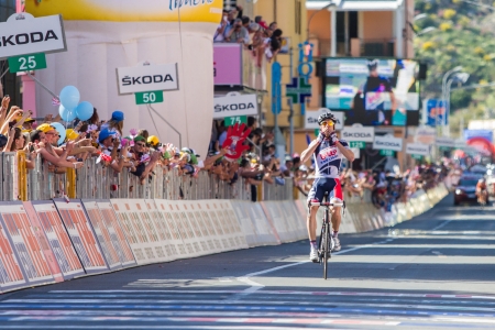 SESTRI LEVANTE, GENOVA, ITALY - MAY 17: Lars Bak, Team Lotto Belisol, wins the 12th stage of 2012 Giro d'Italia on May 17, 2012 in Sestri Levante, Genova, Italyのeditorial素材