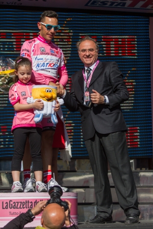 SESTRI LEVANTE, GENOVA, ITALY - MAY 17: Joaquin Rodriguez, Team Katusha, celebrating the first position on the general ranking after the 12th stage of 2012 Giro d'Italia on May 17, 2012 in Sestri Levante, Genova, Italyのeditorial素材