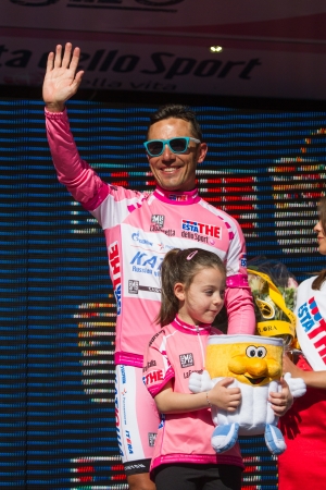 SESTRI LEVANTE, GENOVA, ITALY - MAY 17: Joaquin Rodriguez, Team Katusha, celebrating the first position on the general ranking after the 12th stage of 2012 Giro d'Italia on May 17, 2012 in Sestri Levante, Genova, Italyのeditorial素材