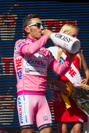 SESTRI LEVANTE, GENOVA, ITALY - MAY 17: Joaquin Rodriguez, Team Katusha, celebrating the first position on the general ranking after the 12th stage of 2012 Giro d'Italia on May 17, 2012 in Sestri Levante, Genova, Italyのeditorial素材