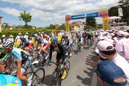 INDICATORE, AREZZO, ITALY - MAY 16: Cyclists at intermediate finish during the 11th stage of 2012 Giro d'Italia on May 16, 2012 in Indicatore, Arezzo, Italyのeditorial素材