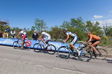 POGGIO ALLA CROCE, FIRENZE, ITALY - MAY 16: Five cyclists on escape, on the climb to gpm,  during the 11th stage of 2012 Giro d'Italia on May 16, 2012 in Poggio alla Croce, Firenze, Italyのeditorial素材