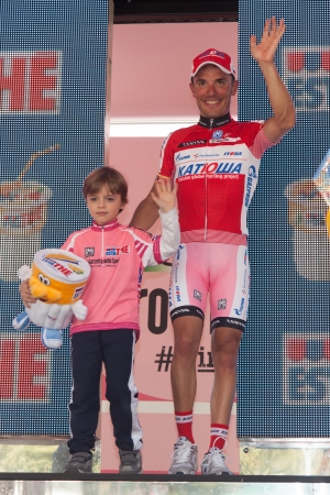 MONTECATINI TERME, ITALY - MAY 16: Joaquin Rodriguez, Team Katusha, celebrating the first position on the general ranking after the 11th stage of 2012 Giro d'Italia on May 16, 2012 in Montecatini Terme, Italyのeditorial素材