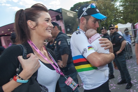 MONTECATINI TERME, ITALY - MAY 16: Mark Cavendishwith his Wife and daughter after the 11th stage of 2012 Giro d'Italia on May 16, 2012 in Montecatini Terme, Italyのeditorial素材