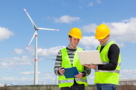 Two Engineers in a Wind Turbine Power Stationの写真素材