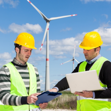 Two Engineers in a Wind Turbine Power Stationの写真素材