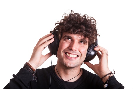 Young Man with Headphones Listening Musicの写真素材