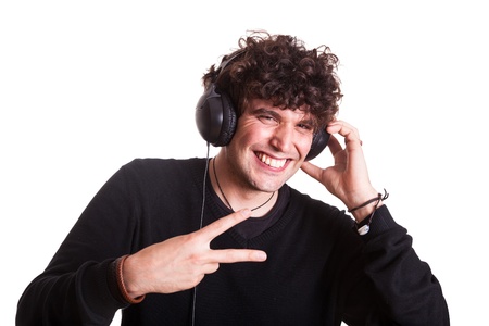Young Man with Headphones Listening Musicの写真素材