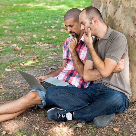 Two Men Working with Computer at Parkの写真素材