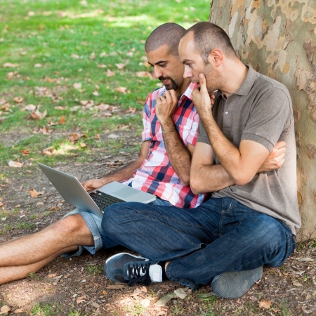 Two Men Working with Computer at Parkの写真素材