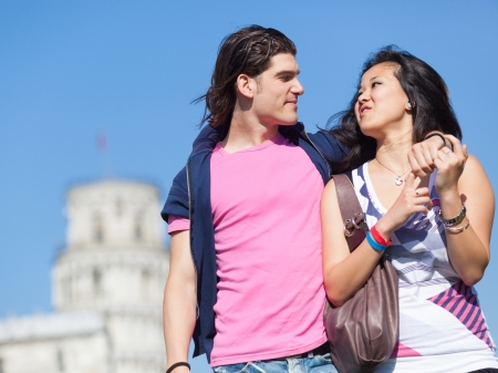 Young Couple of Tourists in Pisaの写真素材