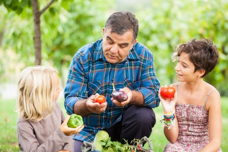 Adult Farmer with Children and Harvested Vegetablesの写真素材