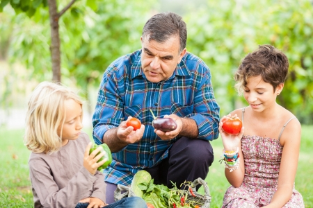Adult Farmer with Children and Harvested Vegetablesの写真素材