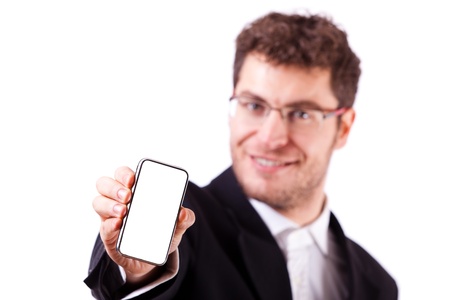 Young Businessman with Smartphone on Whiteの写真素材
