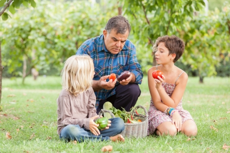 Adult Farmer with Children and Harvested Vegetablesの写真素材
