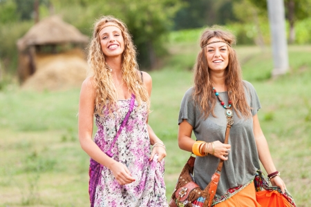 Hippie Group Playing Music and Dancing Outsideの写真素材
