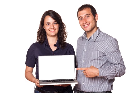 Business Team Holding a Computer with Blank Screenの写真素材
