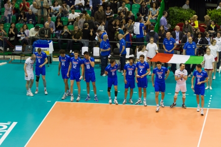 FLORENCE, ITALY - MAY 19: Listening the National Anthem before the World League match between Italy and France at Mandela Forum, Florence, Italy on May 19 2012のeditorial素材