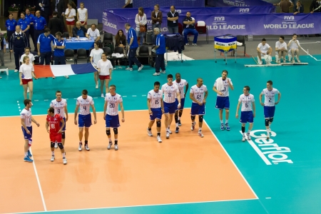 FLORENCE, ITALY - MAY 19: Listening the National Anthem before the World League match between Italy and France at Mandela Forum, Florence, Italy on May 19 2012のeditorial素材