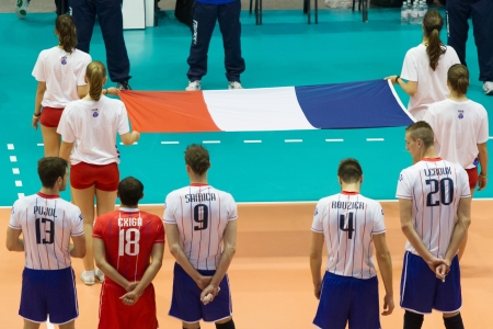 FLORENCE, ITALY - MAY 19: Listening the National Anthem before the World League match between Italy and France at Mandela Forum, Florence, Italy on May 19 2012のeditorial素材