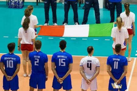 FLORENCE, ITALY - MAY 19: Listening the National Anthem before the World League match between Italy and France at Mandela Forum, Florence, Italy on May 19 2012のeditorial素材