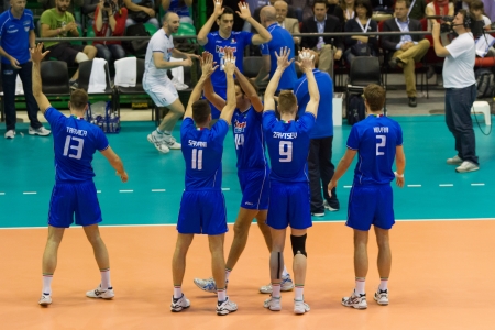 FLORENCE, ITALY - MAY 19: Italian team before a World League match between Italy and France at Mandela Forum, Florence, Italy on May 19 2012のeditorial素材