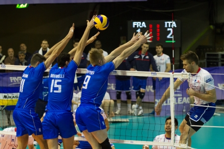 FLORENCE, ITALY - MAY 19: Italian block in action during a World League match between Italy and France at Mandela Forum, Florence, Italy on May 19 2012のeditorial素材
