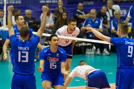 FLORENCE, ITALY - MAY 19: Italian team celebrating the victory of a World League match between Italy and France at Mandela Forum, Florence, Italy on May 19 2012のeditorial素材