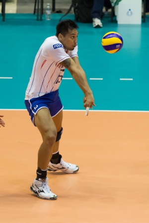 FLORENCE, ITALY - MAY 19: French player Samuel Tuia during a World League match between Italy and France at Mandela Forum, Florence, Italy on May 19 2012のeditorial素材