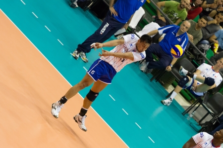 FLORENCE, ITALY - MAY 19: French player Samuel Tuia during a World League match between Italy and France at Mandela Forum, Florence, Italy on May 19 2012のeditorial素材