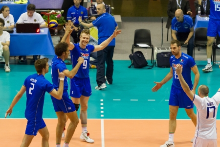 FLORENCE, ITALY - MAY 19: Italian team celebrating the victory of a World League match between Italy and France at Mandela Forum, Florence, Italy on May 19 2012のeditorial素材