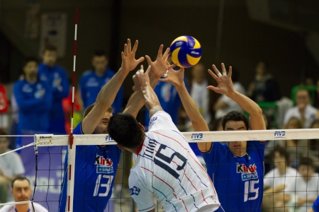 FLORENCE, ITALY - MAY 19: French player Samuel Tuia during a World League match between Italy and France at Mandela Forum, Florence, Italy on May 19 2012のeditorial素材