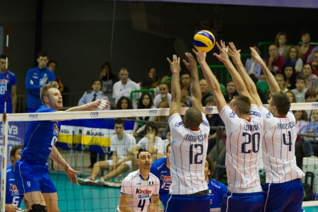 FLORENCE, ITALY - MAY 19: Italian player Ivan Zaytsev during a World League match between Italy and France at Mandela Forum, Florence, Italy on May 19 2012のeditorial素材