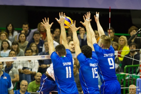FLORENCE, ITALY - MAY 19: Italian block in action during a World League match between Italy and France at Mandela Forum, Florence, Italy on May 19 2012のeditorial素材