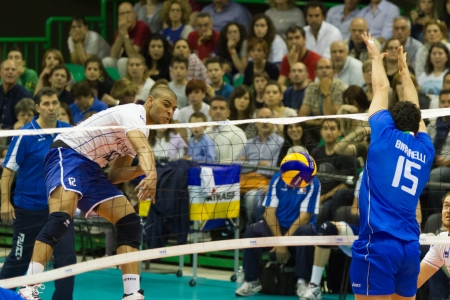 FLORENCE, ITALY - MAY 19: Italian block in action during a World League match between Italy and France at Mandela Forum, Florence, Italy on May 19 2012のeditorial素材