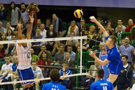 FLORENCE, ITALY - MAY 19: Italian player Ivan Zaytsev during a World League match between Italy and France at Mandela Forum, Florence, Italy on May 19 2012のeditorial素材