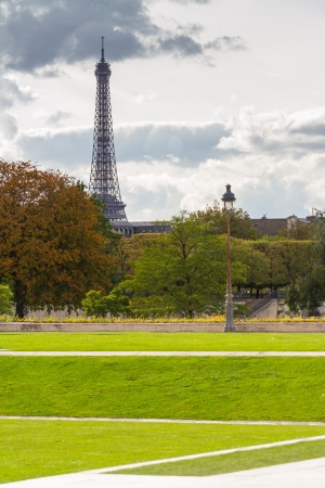 Park in Paris with Eiffel Tower in Backgroundの写真素材