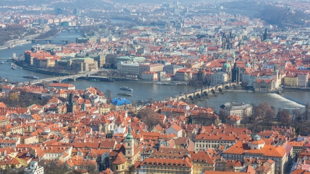 Panoramic View of Prague, Charles Bridge and Vltavaの写真素材