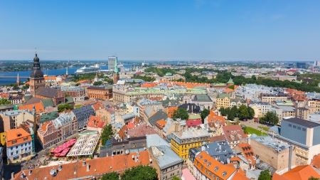 RIGA, LATVIA - JUNE 23: Aerial view of Riga from St. Peter church on June 23, 2013 in Riga, Latvia.のeditorial素材