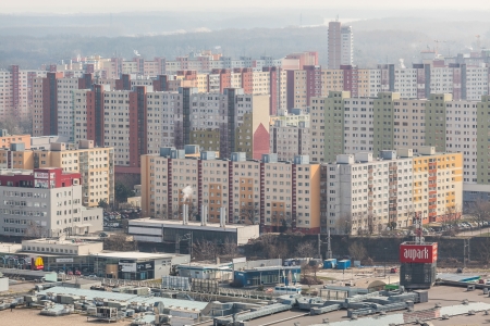 BRATISLAVA, SLOVAKIA - MARCH 23: Cityscape seen from the top of the new bridge on March 23, 2013 in Bratislava, Slovakia.のeditorial素材