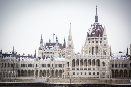 Parliament in Budapest on a Snowy Dayの写真素材