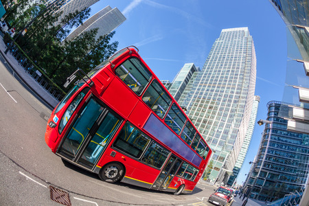 Famous Red Double Decker Bus in Canary Wharf Districtのeditorial素材
