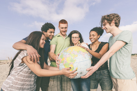 Multiracial Group of Friends with World Globe Mapの写真素材