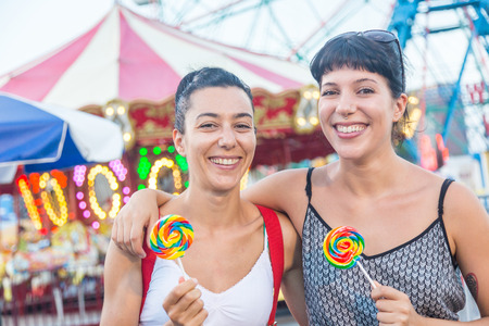 Happy Young Women at Luna Parkの写真素材