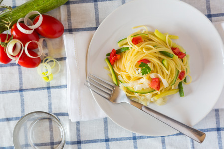 Spaghetti with Zucchini, Leeks and Fresh Tomatoの写真素材